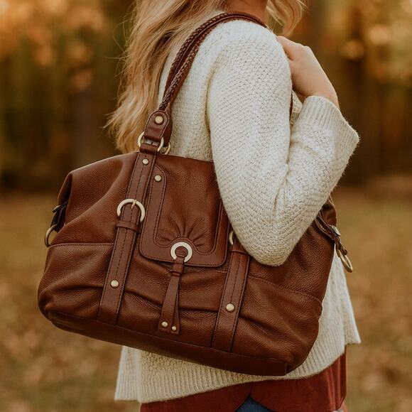 B Makowsky Large Buttery Brown Leather Double Top Handle Purse Gold Hardware - Picture 1 of 7